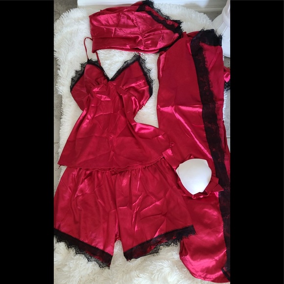 4 Pieces Women Pajamas Set Satin Sleepwear Silk Nightwear Spaghetti Strap Lace - Picture 2 of 4